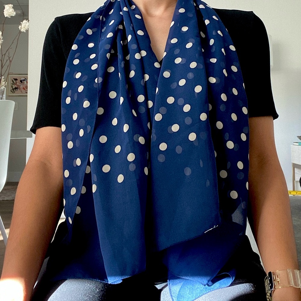 Vintage translucent blue and beige polka dot scarf